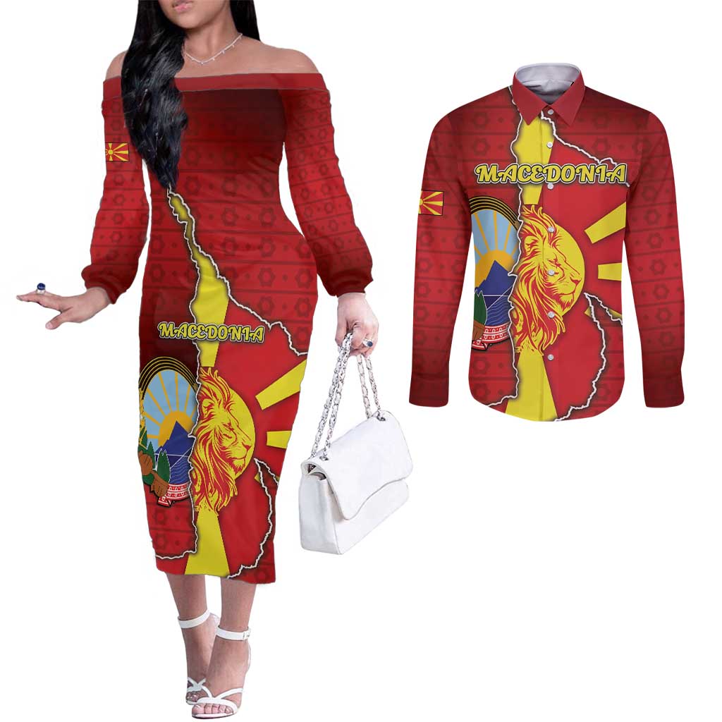 Personalized North Macedonia Couples Matching Off The Shoulder Long Sleeve Dress and Long Sleeve Button Shirt National Emblem With Lion - Wonder Print Shop