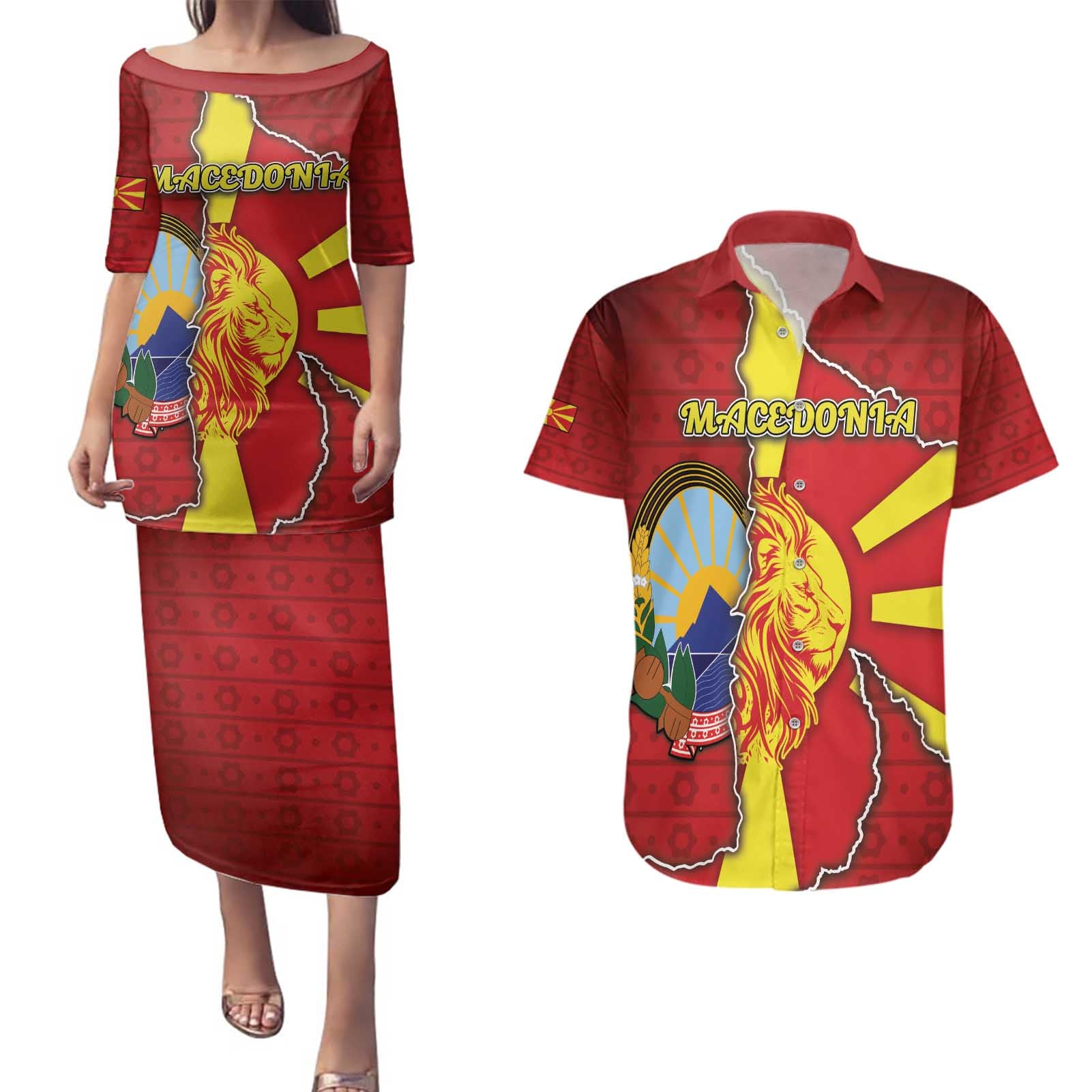 Personalized North Macedonia Couples Matching Puletasi and Hawaiian Shirt National Emblem With Lion - Wonder Print Shop