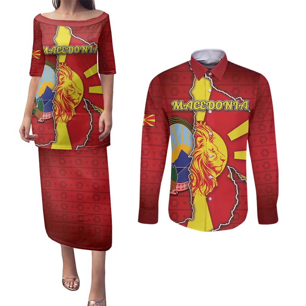 Personalized North Macedonia Couples Matching Puletasi and Long Sleeve Button Shirt National Emblem With Lion - Wonder Print Shop