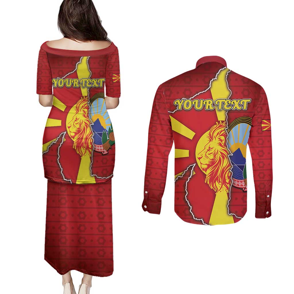 Personalized North Macedonia Couples Matching Puletasi and Long Sleeve Button Shirt National Emblem With Lion - Wonder Print Shop