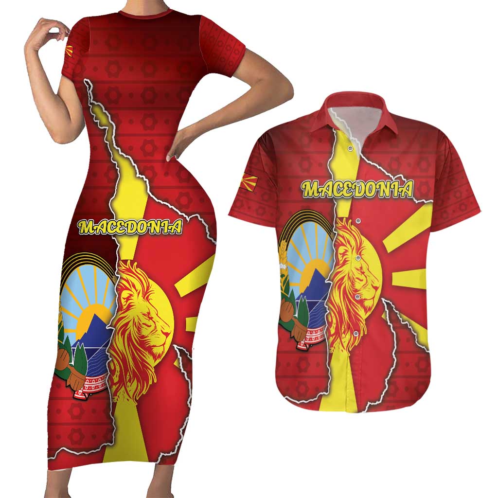 Personalized North Macedonia Couples Matching Short Sleeve Bodycon Dress and Hawaiian Shirt National Emblem With Lion - Wonder Print Shop