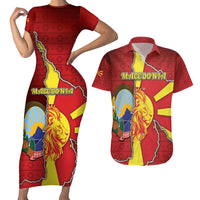 Personalized North Macedonia Couples Matching Short Sleeve Bodycon Dress and Hawaiian Shirt National Emblem With Lion - Wonder Print Shop