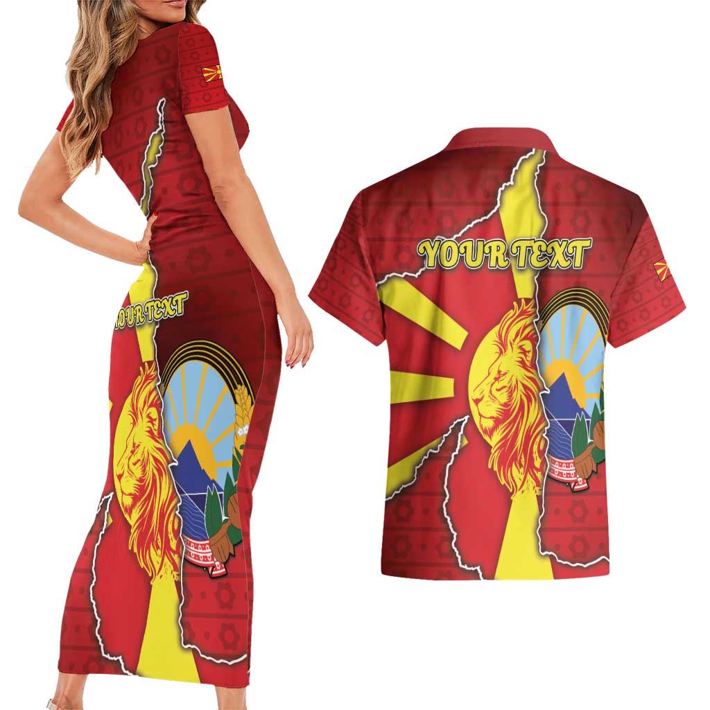Personalized North Macedonia Couples Matching Short Sleeve Bodycon Dress and Hawaiian Shirt National Emblem With Lion - Wonder Print Shop