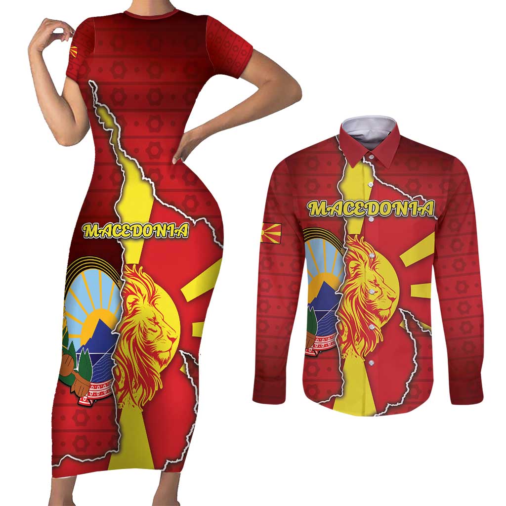 Personalized North Macedonia Couples Matching Short Sleeve Bodycon Dress and Long Sleeve Button Shirt National Emblem With Lion - Wonder Print Shop