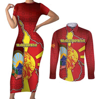 Personalized North Macedonia Couples Matching Short Sleeve Bodycon Dress and Long Sleeve Button Shirt National Emblem With Lion - Wonder Print Shop