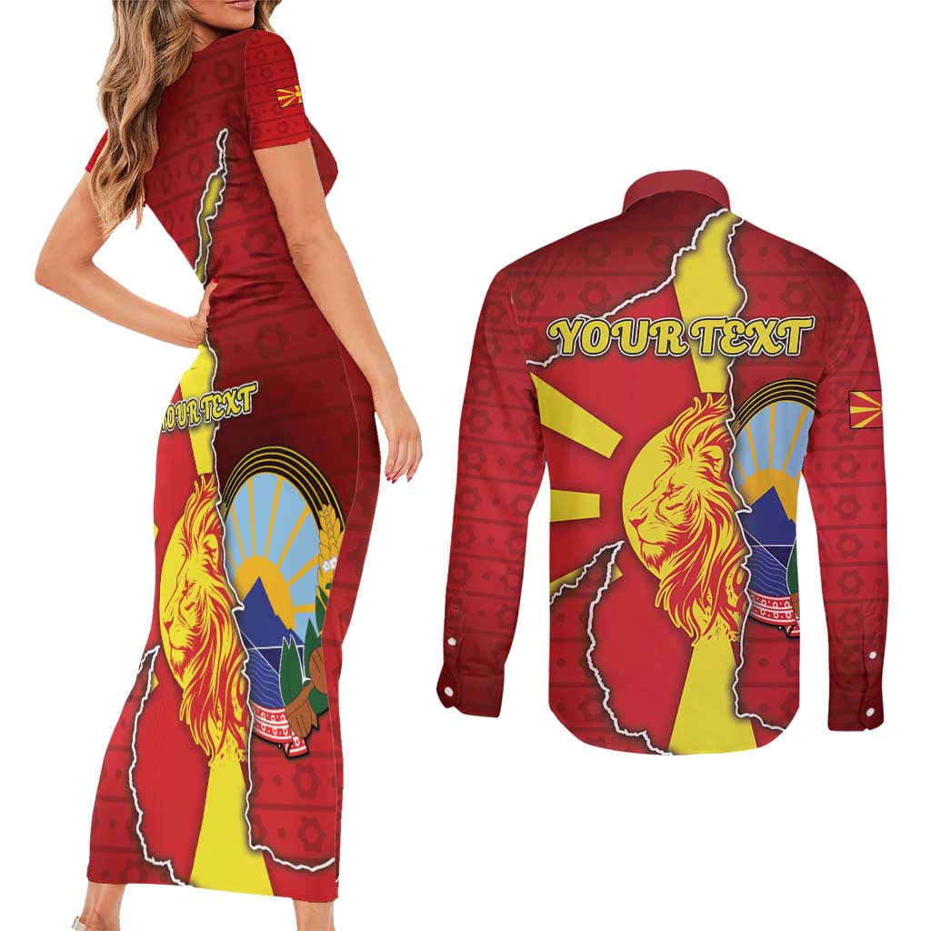 Personalized North Macedonia Couples Matching Short Sleeve Bodycon Dress and Long Sleeve Button Shirt National Emblem With Lion - Wonder Print Shop