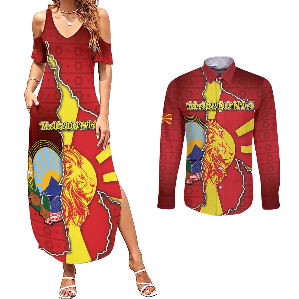 Personalized North Macedonia Couples Matching Summer Maxi Dress and Long Sleeve Button Shirt National Emblem With Lion - Wonder Print Shop