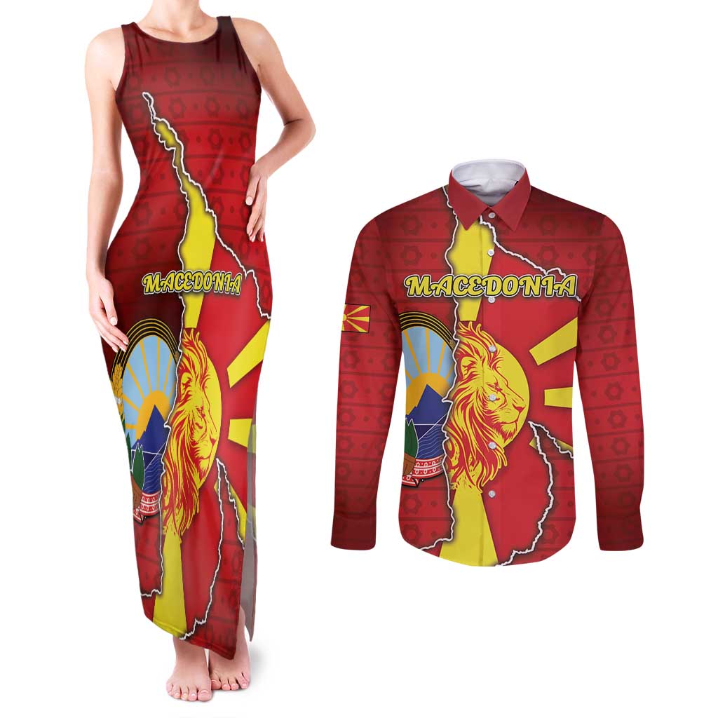 Personalized North Macedonia Couples Matching Tank Maxi Dress and Long Sleeve Button Shirt National Emblem With Lion - Wonder Print Shop