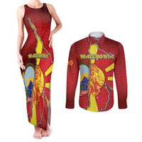 Personalized North Macedonia Couples Matching Tank Maxi Dress and Long Sleeve Button Shirt National Emblem With Lion - Wonder Print Shop