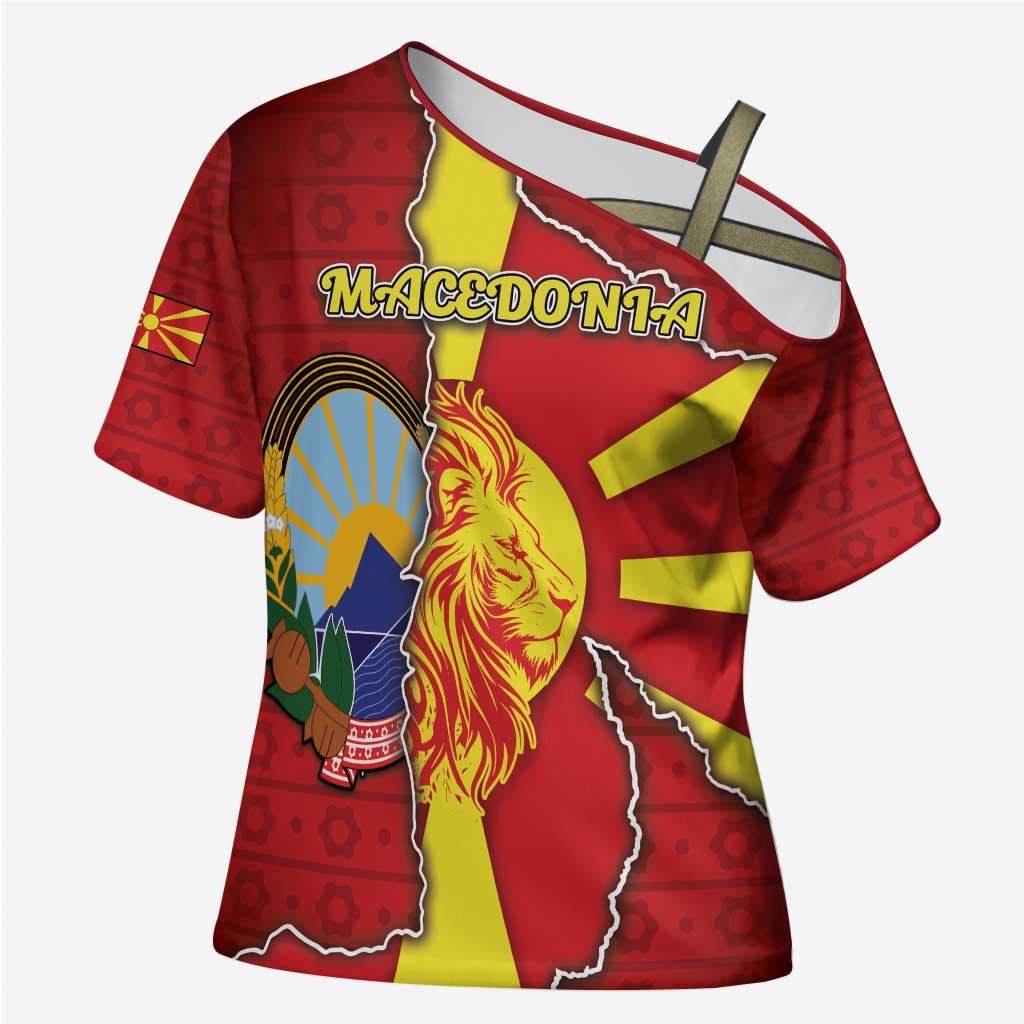 Personalized North Macedonia Cross Shoulder Shirt National Emblem With Lion - Wonder Print Shop