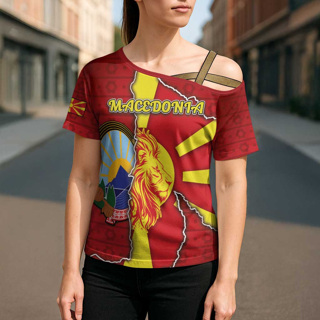 Personalized North Macedonia Cross Shoulder Shirt National Emblem With Lion - Wonder Print Shop