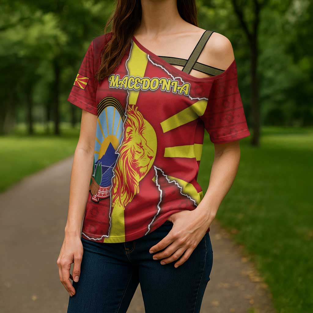 Personalized North Macedonia Cross Shoulder Shirt National Emblem With Lion - Wonder Print Shop
