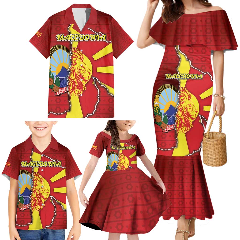 Personalized North Macedonia Family Matching Mermaid Dress and Hawaiian Shirt National Emblem With Lion - Wonder Print Shop