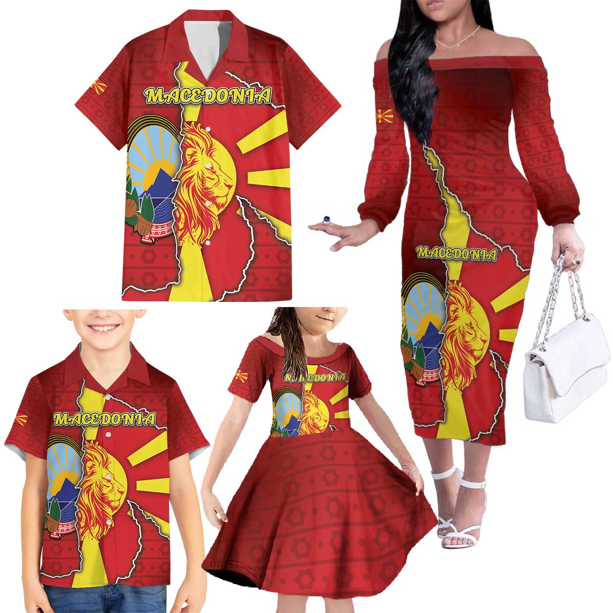 Personalized North Macedonia Family Matching Off The Shoulder Long Sleeve Dress and Hawaiian Shirt National Emblem With Lion - Wonder Print Shop