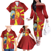 Personalized North Macedonia Family Matching Off The Shoulder Long Sleeve Dress and Hawaiian Shirt National Emblem With Lion - Wonder Print Shop