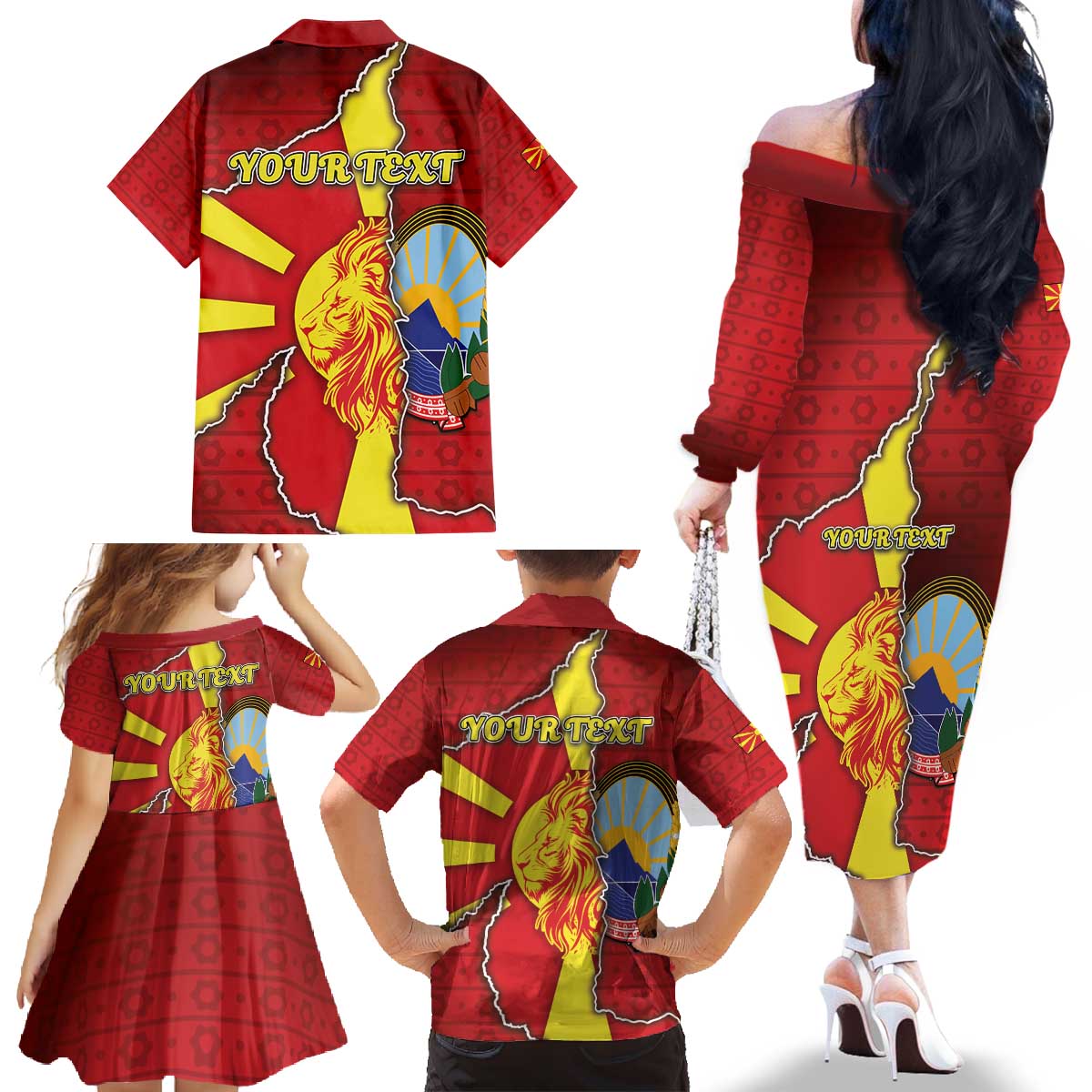 Personalized North Macedonia Family Matching Off The Shoulder Long Sleeve Dress and Hawaiian Shirt National Emblem With Lion - Wonder Print Shop