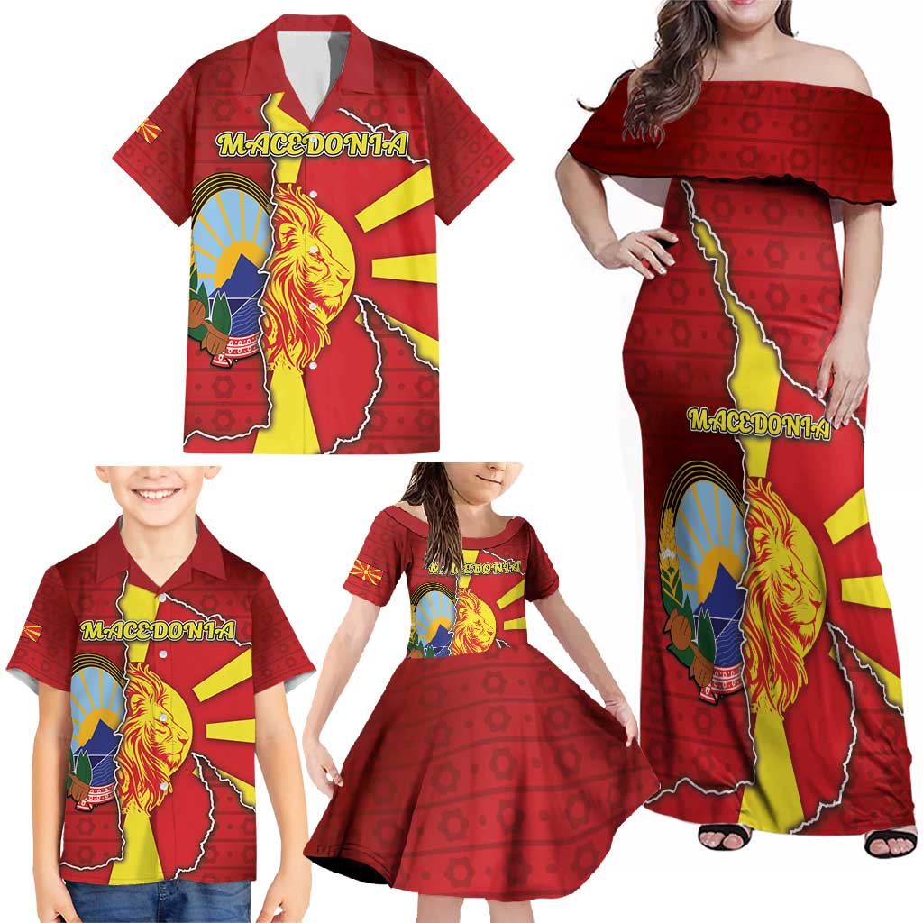 Personalized North Macedonia Family Matching Off Shoulder Maxi Dress and Hawaiian Shirt National Emblem With Lion - Wonder Print Shop