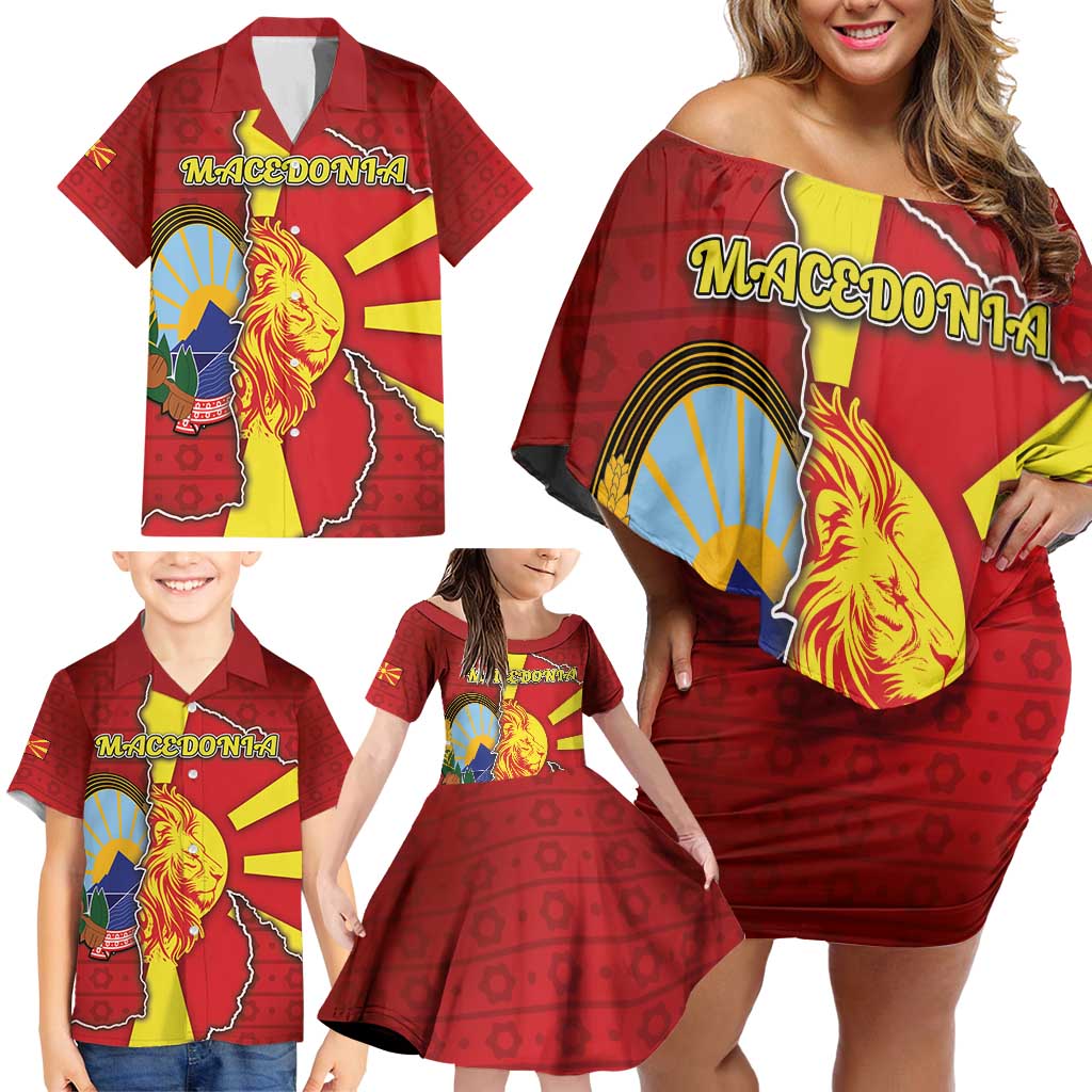 Personalized North Macedonia Family Matching Off Shoulder Short Dress and Hawaiian Shirt National Emblem With Lion - Wonder Print Shop