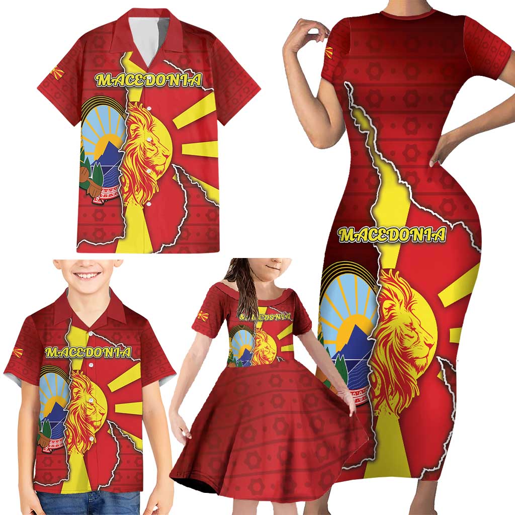Personalized North Macedonia Family Matching Short Sleeve Bodycon Dress and Hawaiian Shirt National Emblem With Lion - Wonder Print Shop