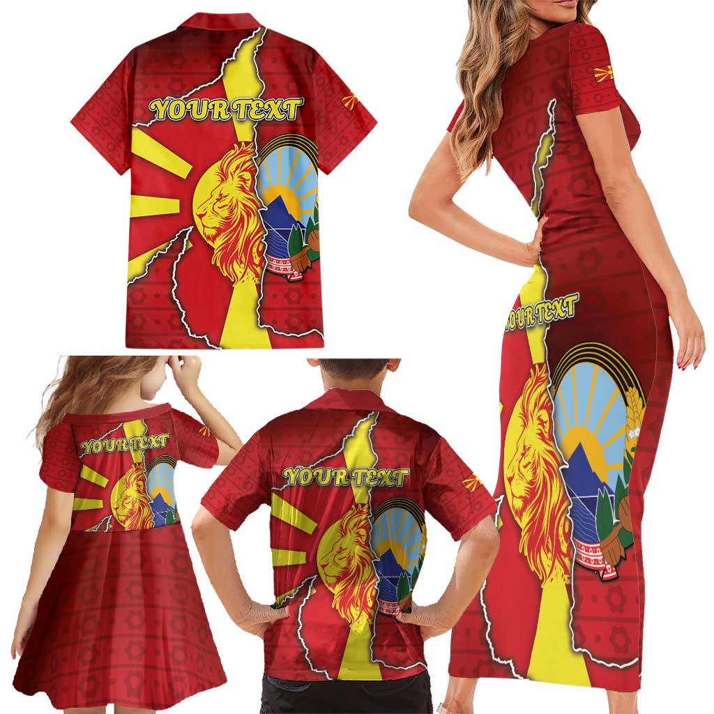 Personalized North Macedonia Family Matching Short Sleeve Bodycon Dress and Hawaiian Shirt National Emblem With Lion - Wonder Print Shop