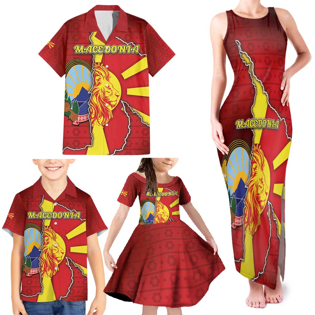 Personalized North Macedonia Family Matching Tank Maxi Dress and Hawaiian Shirt National Emblem With Lion - Wonder Print Shop