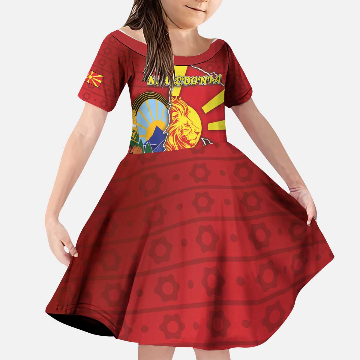 Personalized North Macedonia Kid Short Sleeve Dress National Emblem With Lion - Wonder Print Shop