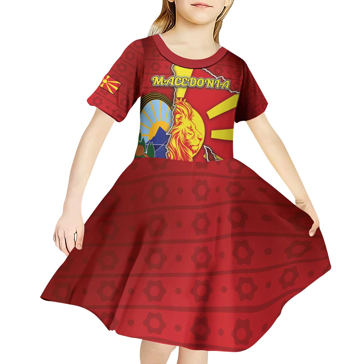 Personalized North Macedonia Kid Short Sleeve Dress National Emblem With Lion - Wonder Print Shop