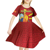 Personalized North Macedonia Kid Short Sleeve Dress National Emblem With Lion - Wonder Print Shop