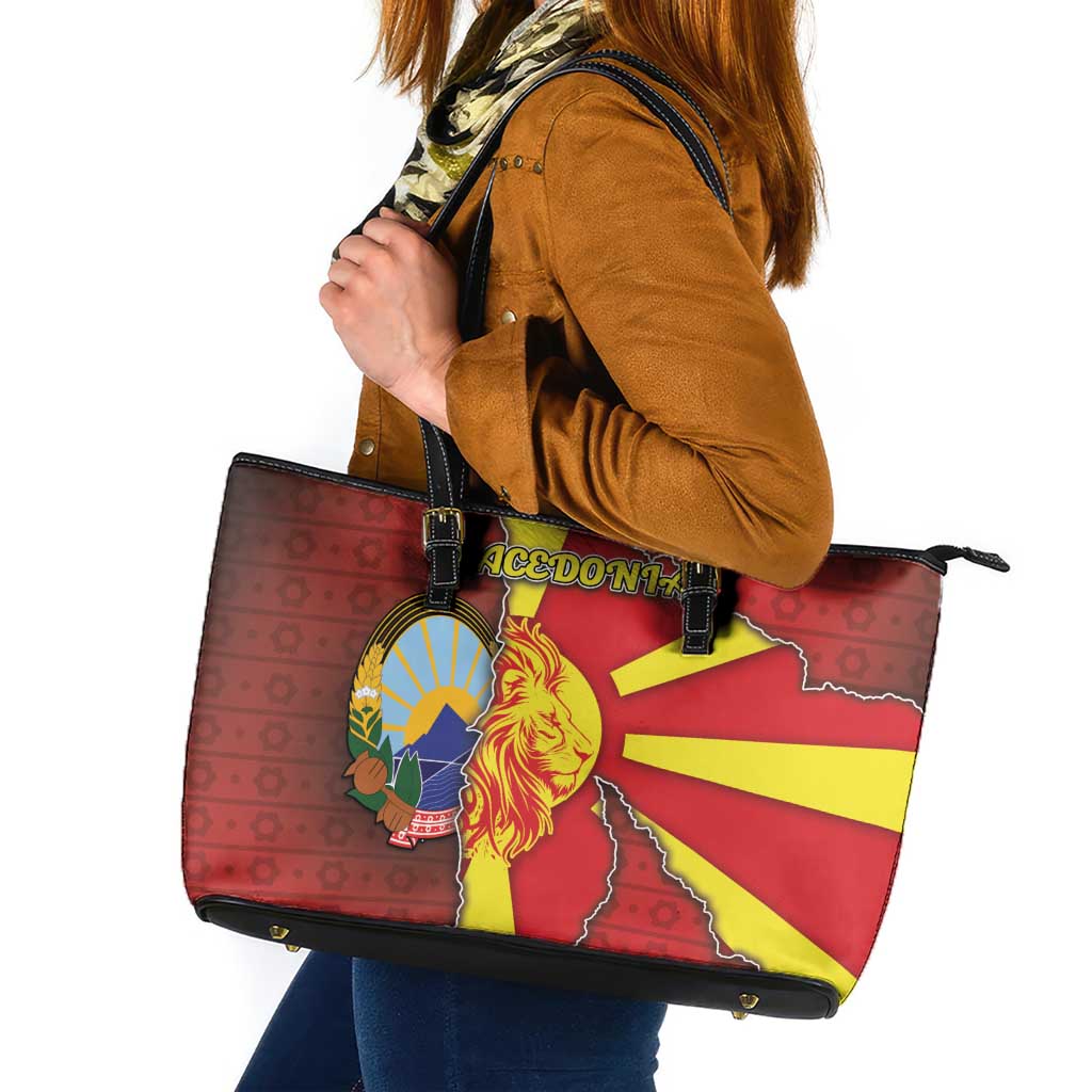 North Macedonia Leather Tote Bag National Emblem With Lion - Wonder Print Shop
