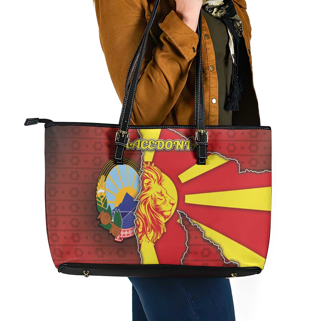 North Macedonia Leather Tote Bag National Emblem With Lion - Wonder Print Shop