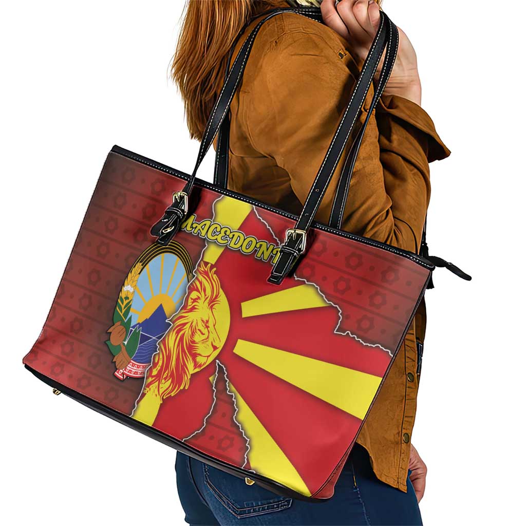 North Macedonia Leather Tote Bag National Emblem With Lion - Wonder Print Shop