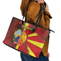 North Macedonia Leather Tote Bag National Emblem With Lion - Wonder Print Shop