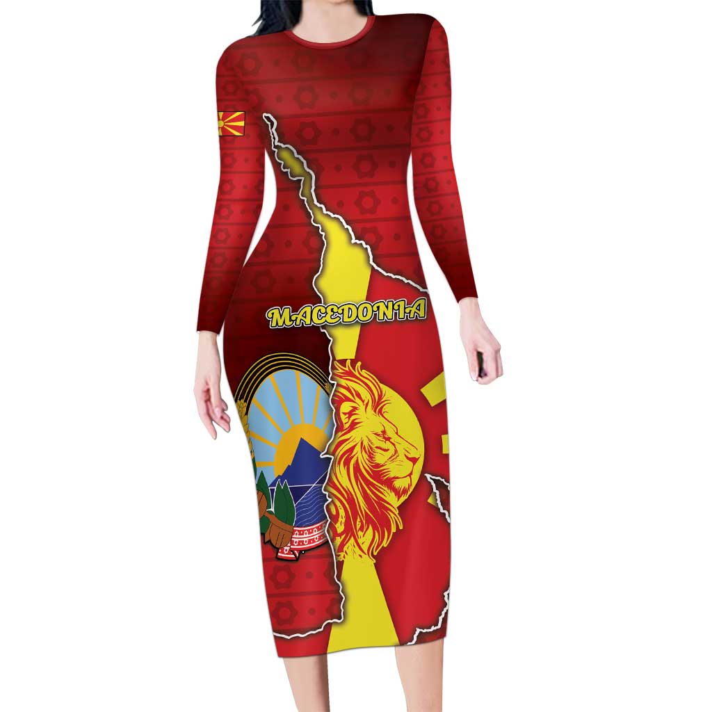 Personalized North Macedonia Long Sleeve Bodycon Dress National Emblem With Lion - Wonder Print Shop