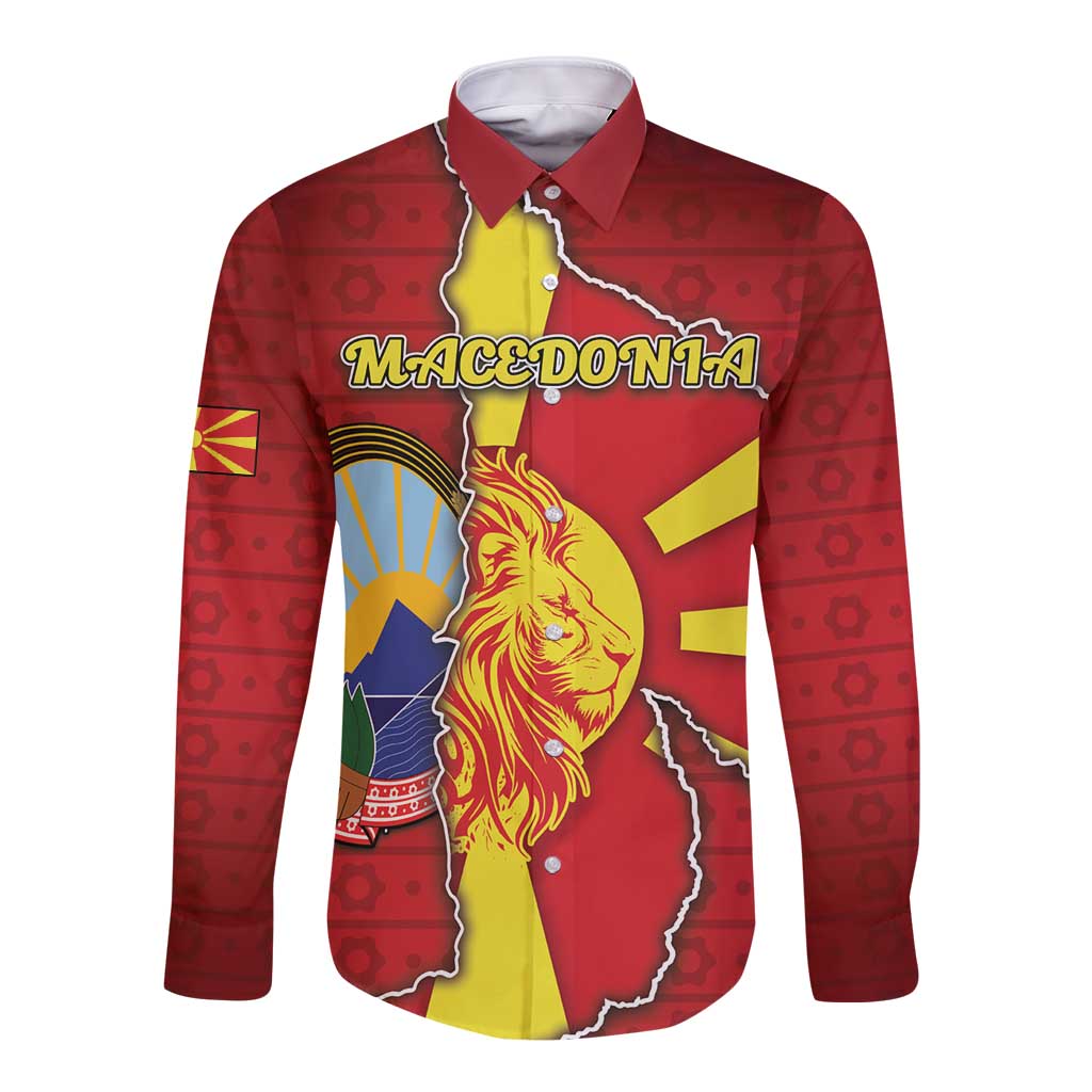 Personalized North Macedonia Long Sleeve Button Shirt National Emblem With Lion - Wonder Print Shop