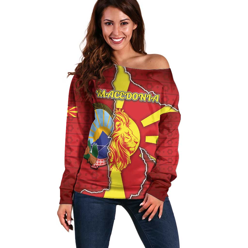 Personalized North Macedonia Off Shoulder Sweater National Emblem With Lion - Wonder Print Shop