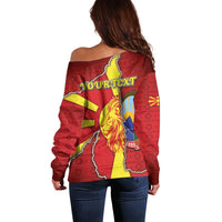 Personalized North Macedonia Off Shoulder Sweater National Emblem With Lion - Wonder Print Shop