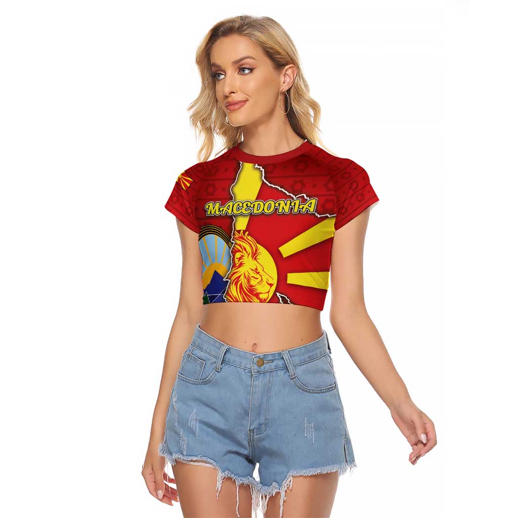 Personalized North Macedonia Raglan Cropped T Shirt National Emblem With Lion - Wonder Print Shop