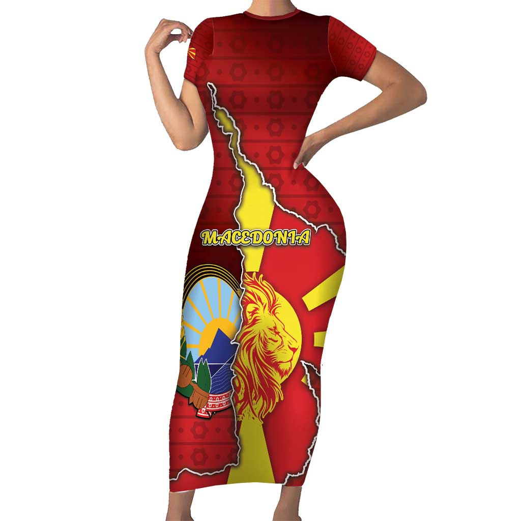 Personalized North Macedonia Short Sleeve Bodycon Dress National Emblem With Lion - Wonder Print Shop