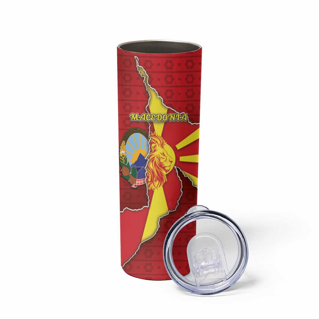 Personalized North Macedonia Skinny Tumbler National Emblem With Lion - Wonder Print Shop