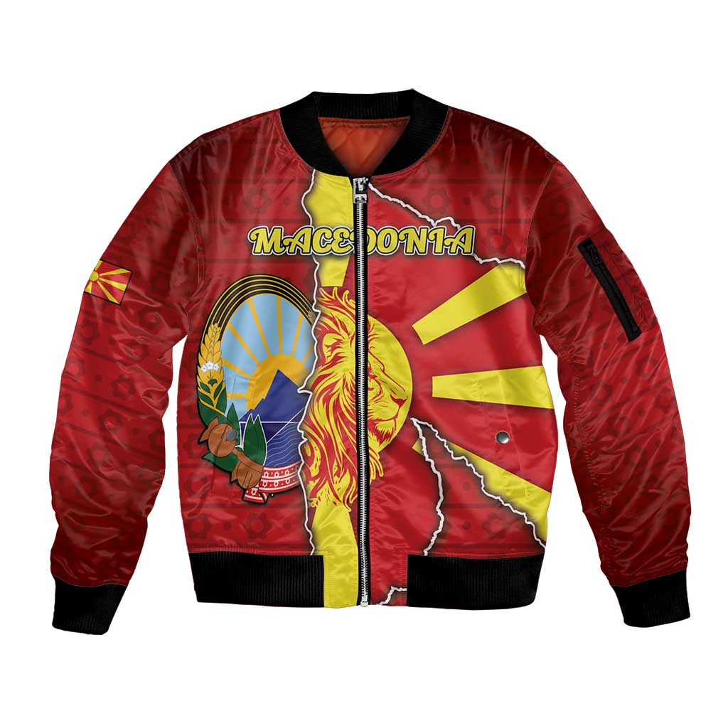Personalized North Macedonia Sleeve Zip Bomber Jacket National Emblem With Lion - Wonder Print Shop
