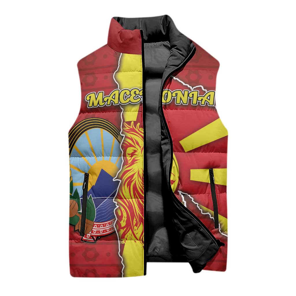 Personalized North Macedonia Sleeveless Puffer Jacket National Emblem With Lion - Wonder Print Shop