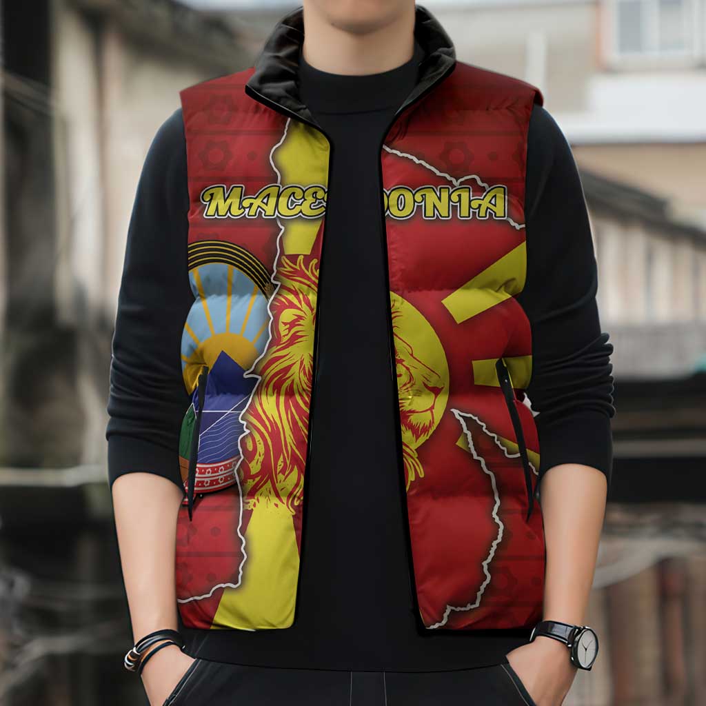Personalized North Macedonia Sleeveless Puffer Jacket National Emblem With Lion - Wonder Print Shop