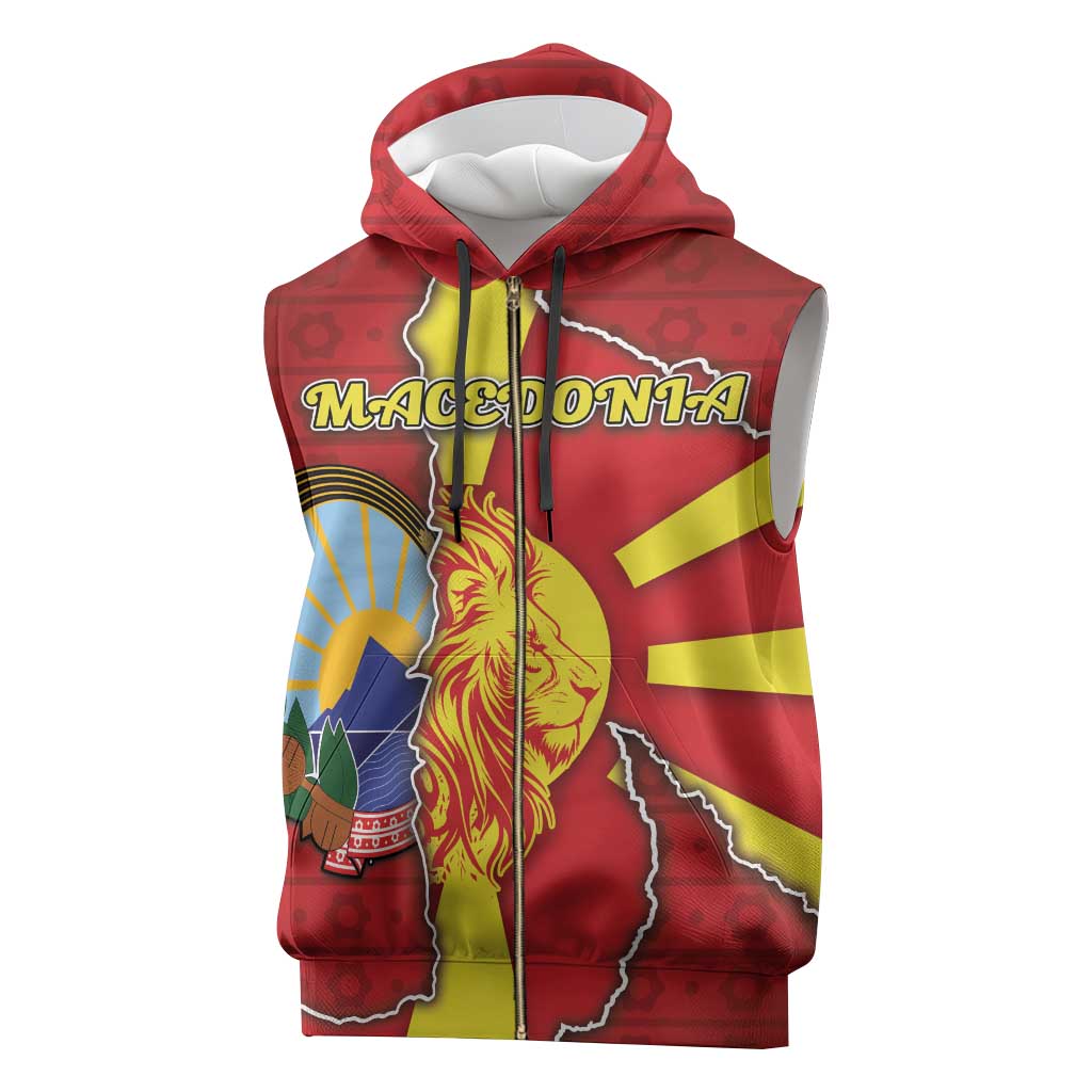 Personalized North Macedonia Sleeveless Zip Hoodie National Emblem With Lion - Wonder Print Shop