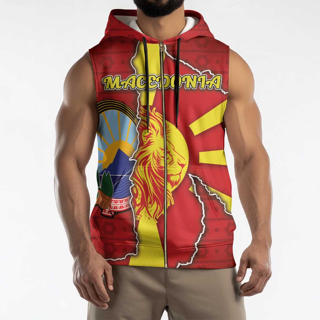 Personalized North Macedonia Sleeveless Zip Hoodie National Emblem With Lion - Wonder Print Shop