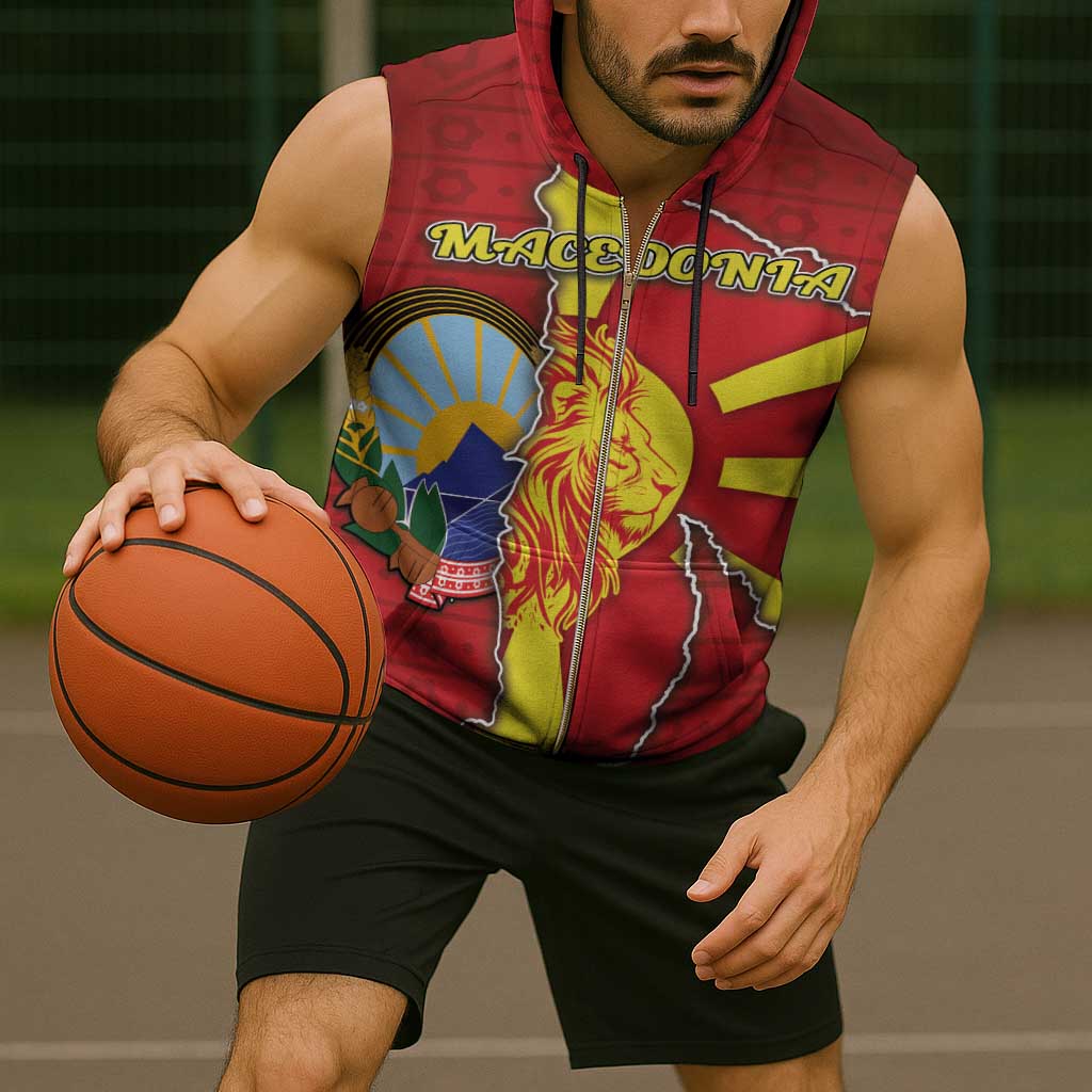 Personalized North Macedonia Sleeveless Zip Hoodie National Emblem With Lion - Wonder Print Shop