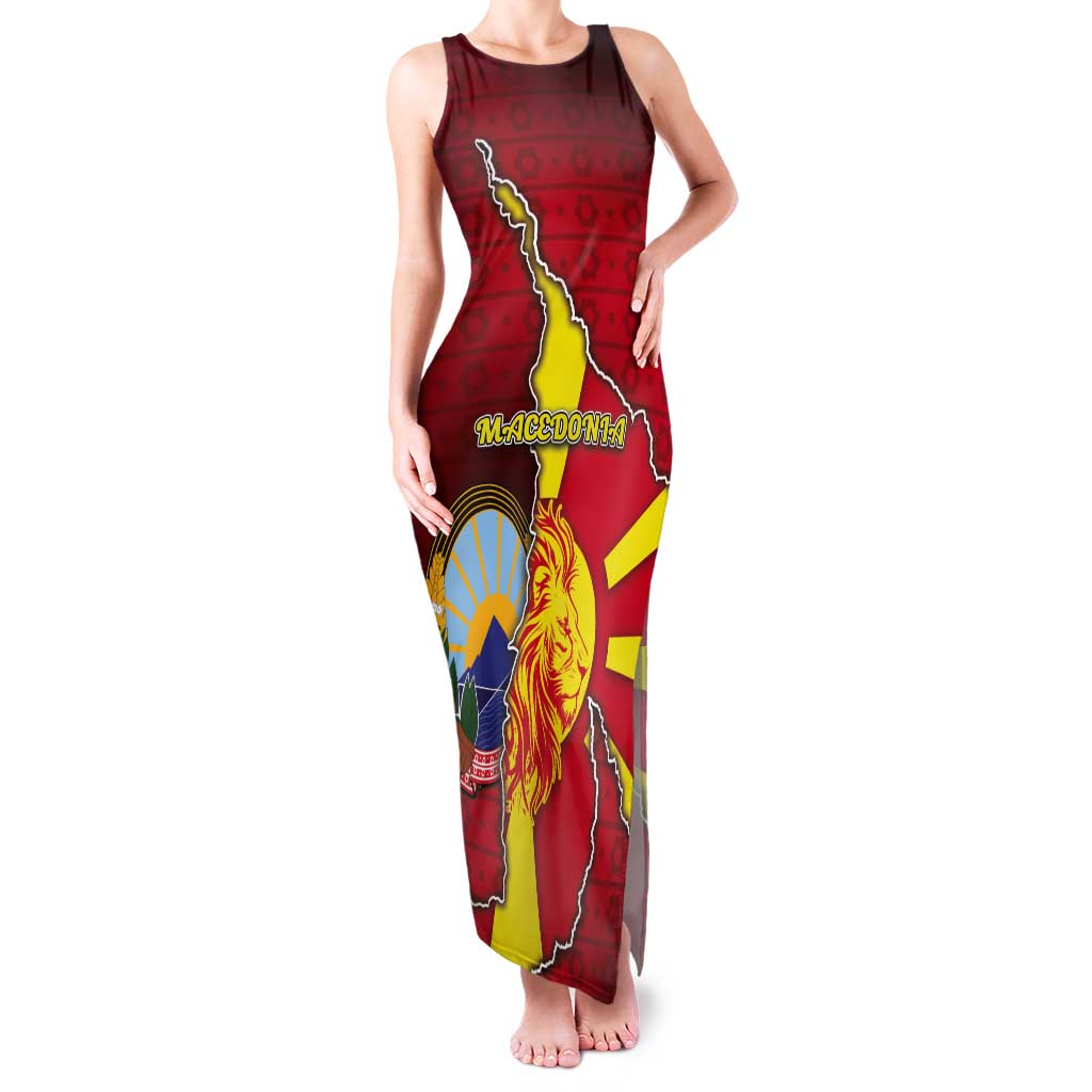 Personalized North Macedonia Tank Maxi Dress National Emblem With Lion - Wonder Print Shop