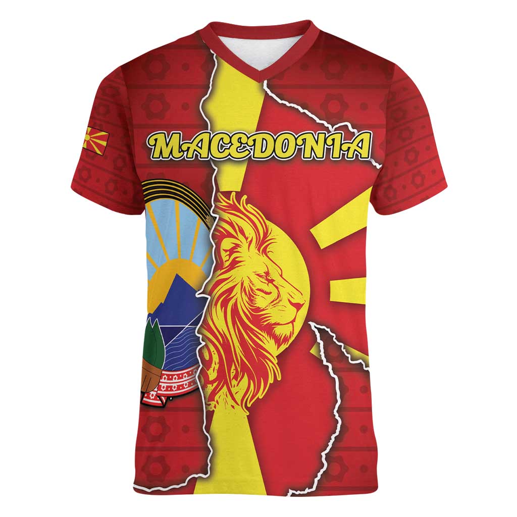 Personalized North Macedonia Women V-Neck T-Shirt National Emblem With Lion - Wonder Print Shop