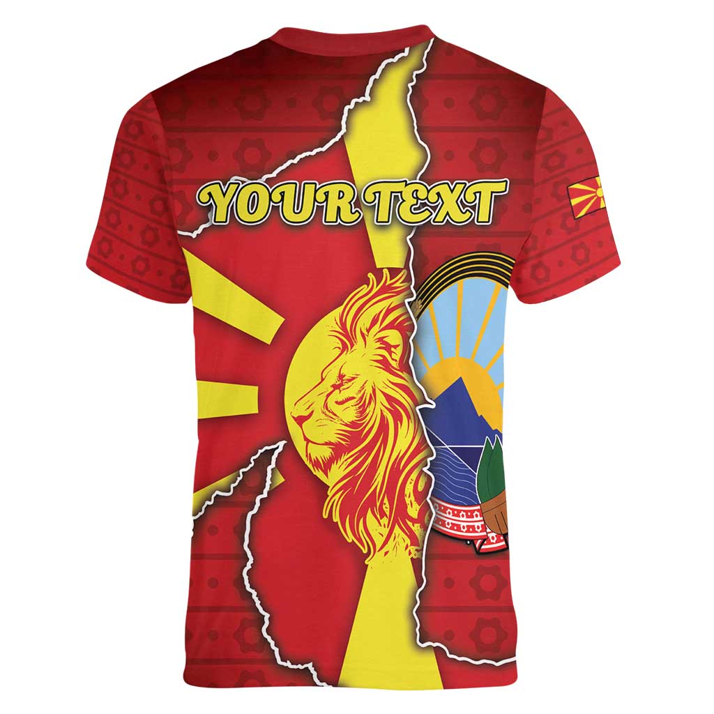 Personalized North Macedonia Women V-Neck T-Shirt National Emblem With Lion - Wonder Print Shop