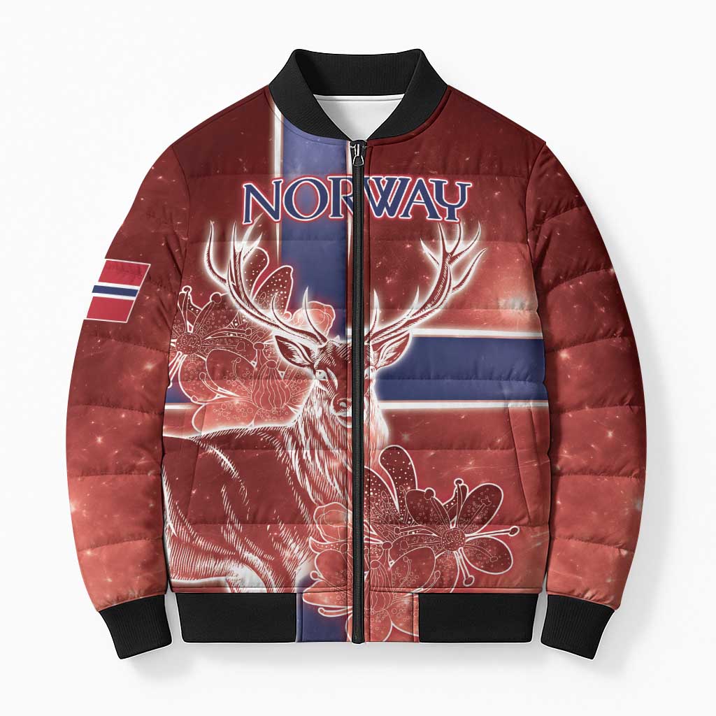 Personalized Norway Bomber Puffer Jacket The Moose With Saxifrage Flowers Galaxy Style - Wonder Print Shop