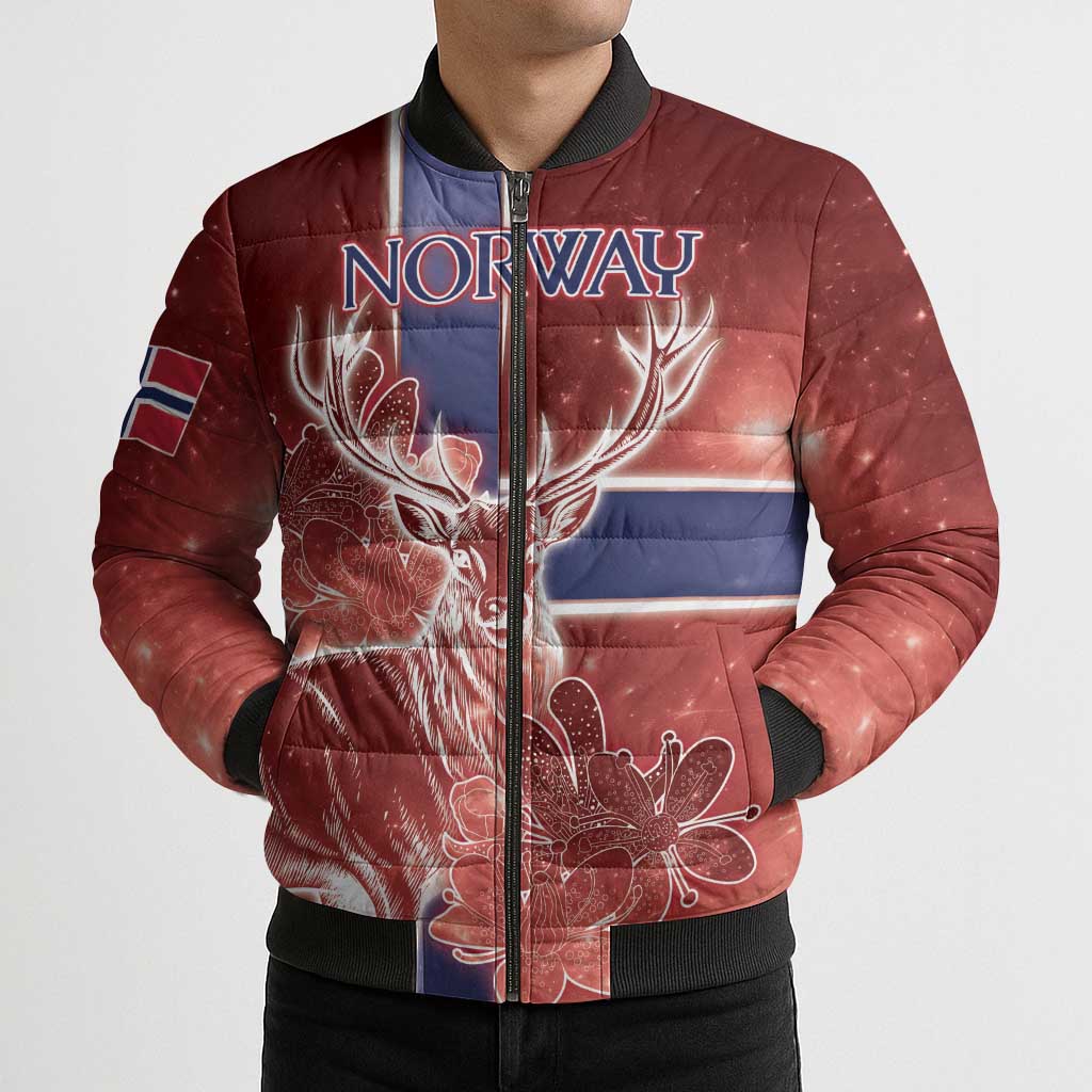 Personalized Norway Bomber Puffer Jacket The Moose With Saxifrage Flowers Galaxy Style - Wonder Print Shop